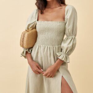 Reformation Hyland Linen Midi Dress in Dried Herb